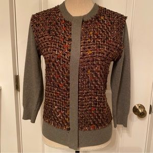 SAKS FIFTH AVENUE SWEATER CARDIGAN GRAY CASHMERE 3/4 SLEEVE BROWN TAG M fits S
